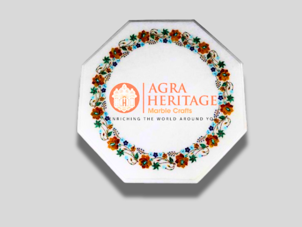 White Marble Turquoise Carnelian Floral Art Coffee Table Top